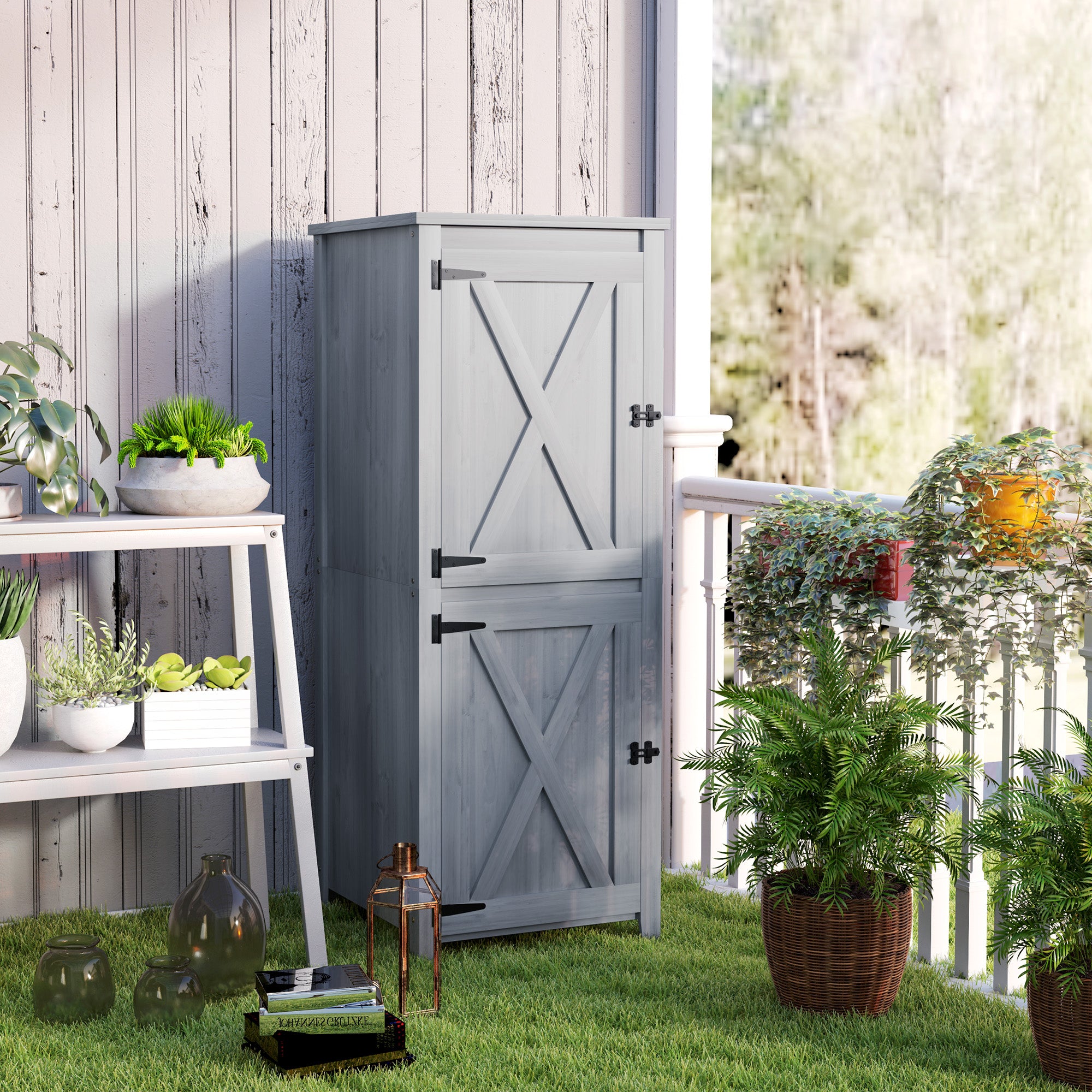 Garden Tool Shed with 2 Lockers, Locking Doors and Removable Shelves, Grey