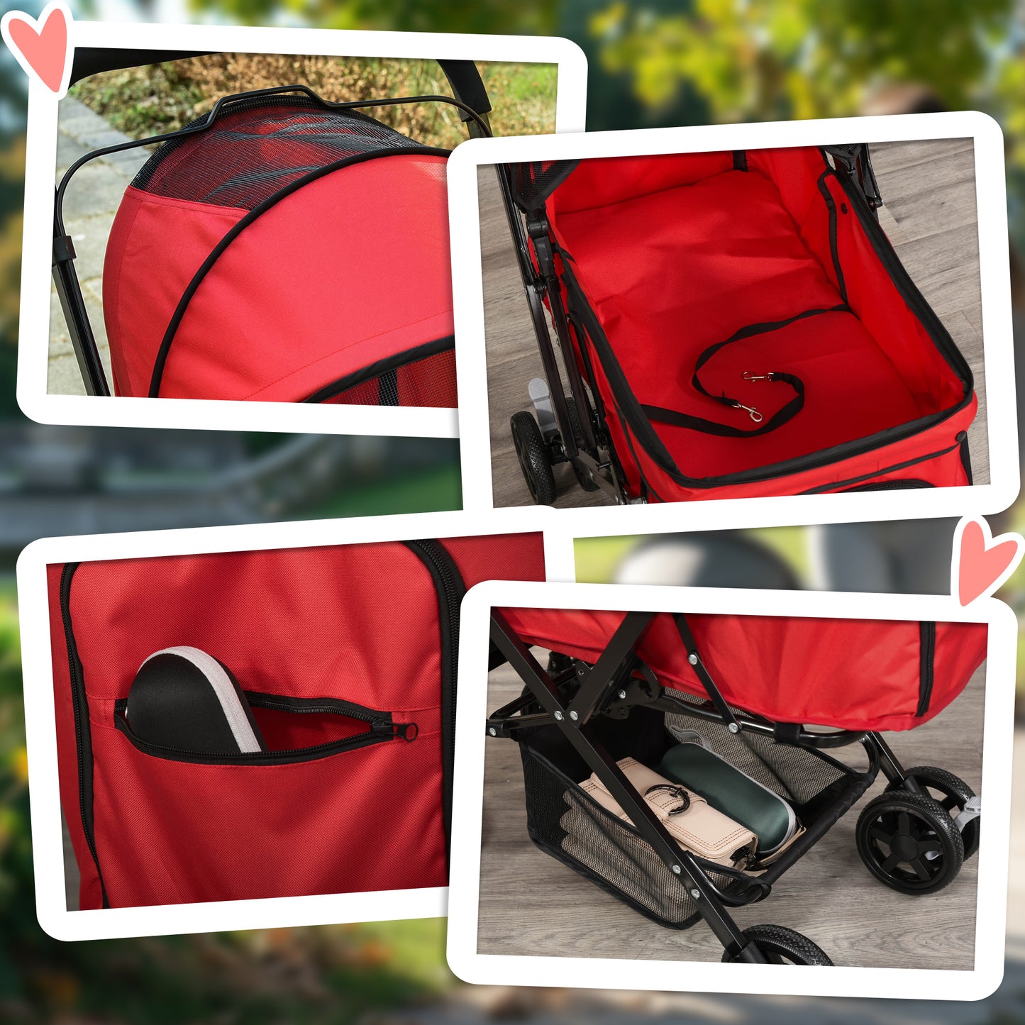 Foldable Stroller for Small Dogs with Swivel Handle and Wheels with Brakes, 76.5x52x95cm, Red