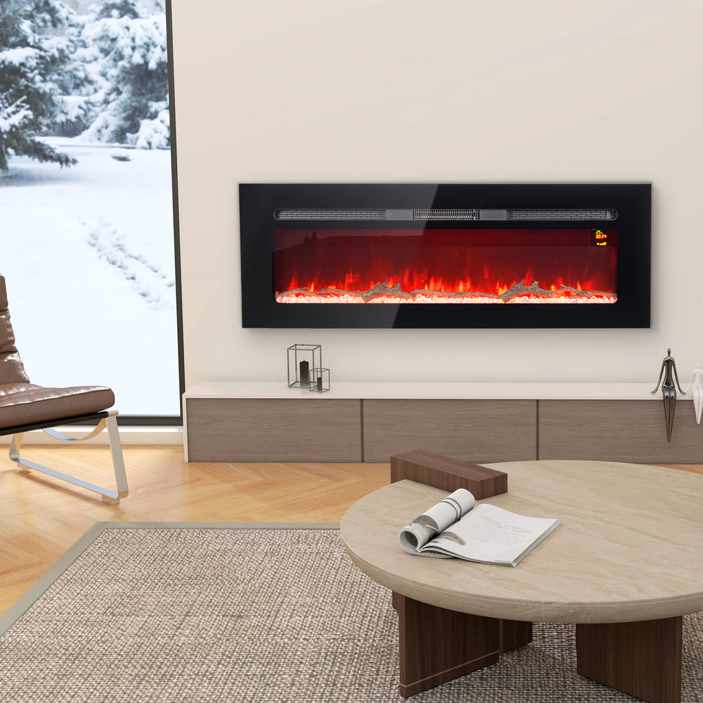 Electric Fireplace 1800W Adjustable with Remote Control, in Steel and Tempered Glass, 127x15.8x45 cm, Black