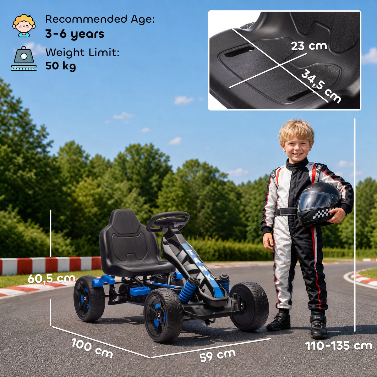 AIYAPLAY Pedal Go Kart for Kids Ages 3-6, 50kg Load Capacity, with Cup Holder and Non-Slip EVA Wheels, Blue