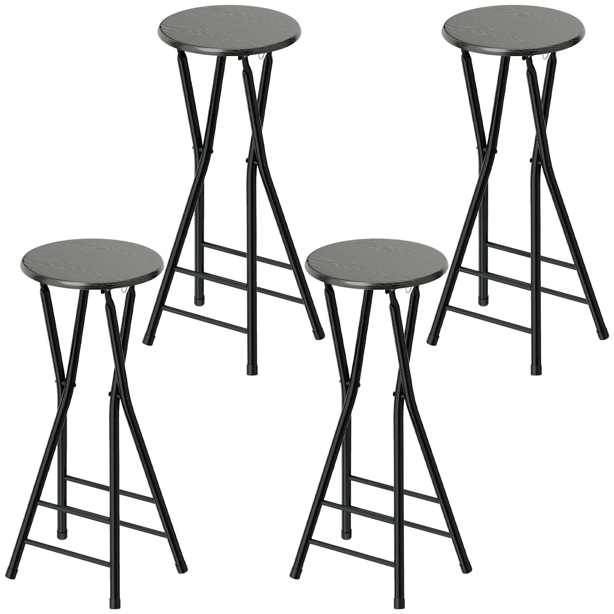HOMCOM Set of 4 Folding Bar Stools with Double Footrest, Wood and Steel, 34x30x70 cm, Black