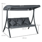 Outsunny 3-Seater Garden Swing with Adjustable Canopy, Steel and Polyester, 202x115x168 cm, Dark Grey