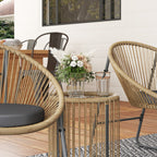 3 Piece Rattan and Steel Garden Set with 2 Chairs with Cushions and Cylinder Coffee Table, Multicolor