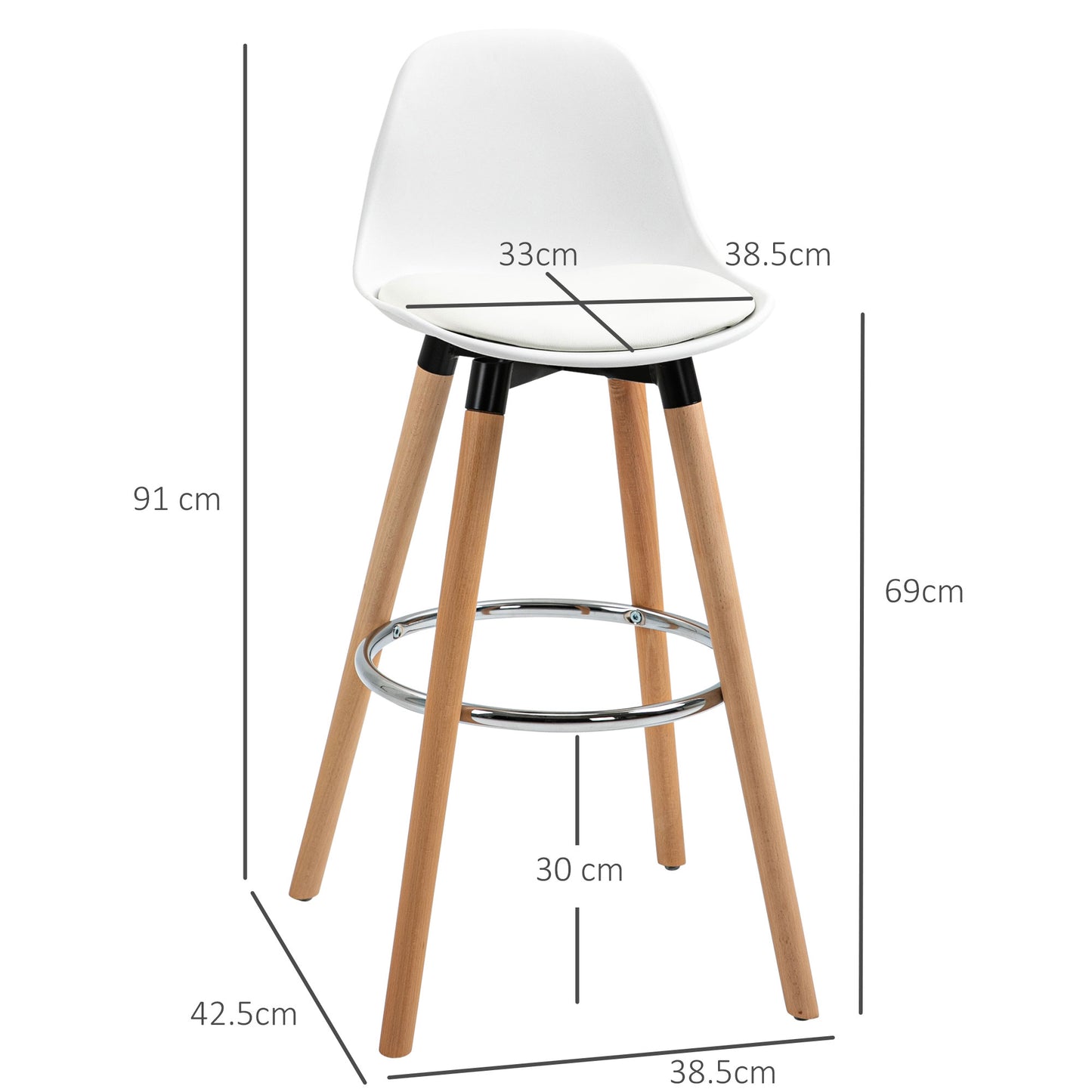 Set of 2 Nordic Style Bar Stools with Backrest, Cushion and Footrest, Wood and Plastic, White