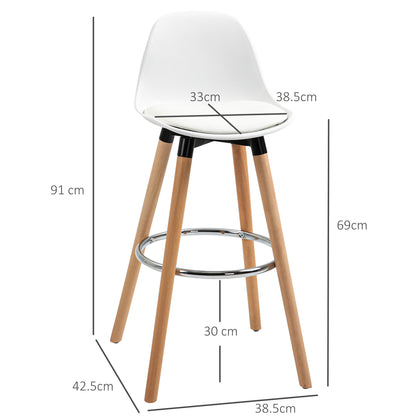 Set of 2 Nordic Style Bar Stools with Backrest, Cushion and Footrest, Wood and Plastic, White