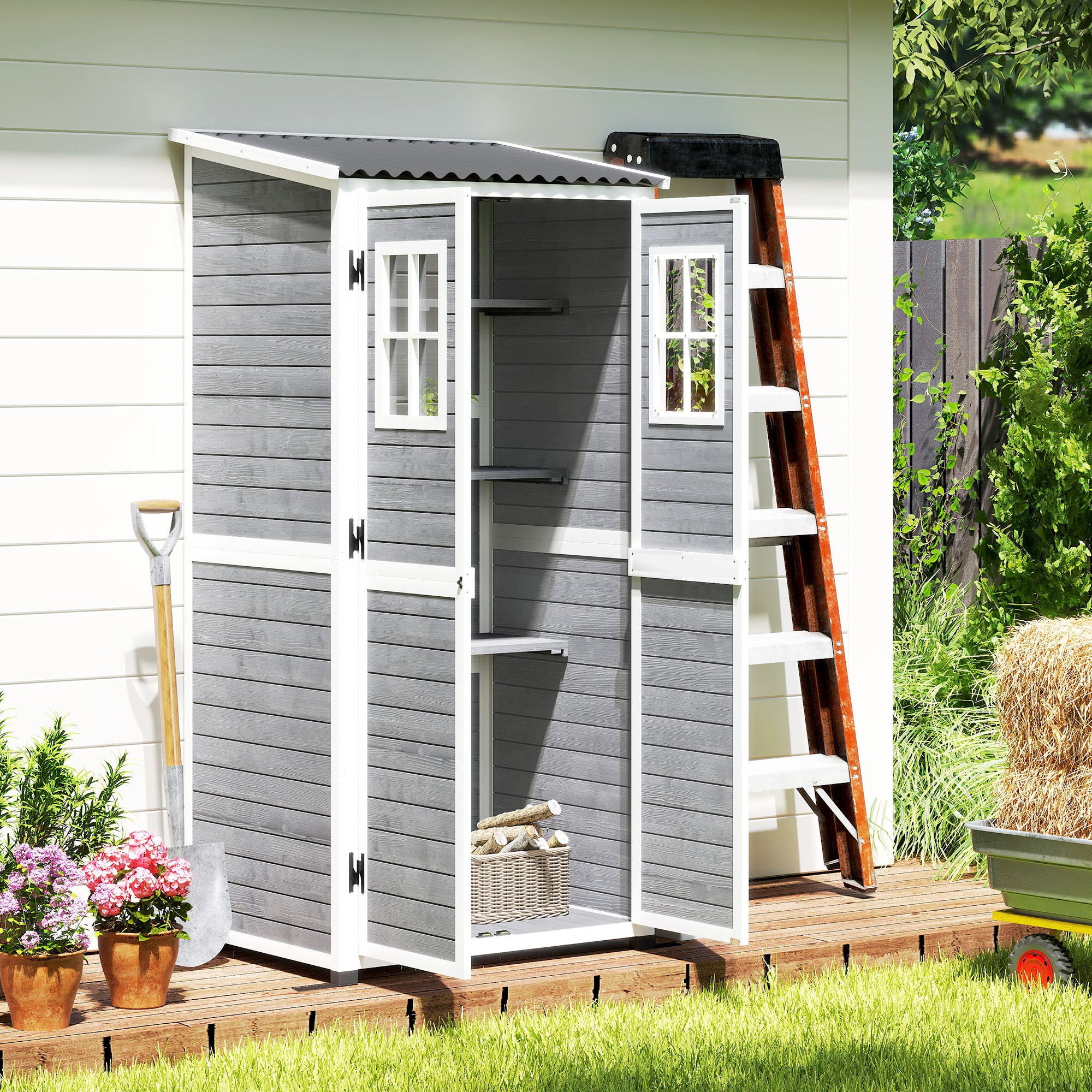 Wooden Garden Shed with Adjustable Shelves, Two Locking Doors and Windows, Grey