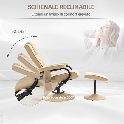 Relaxing Chair with Footrest, Reclining Armchair 145° with 10 Massage Points and Remote Control in Faux Leather, Cream