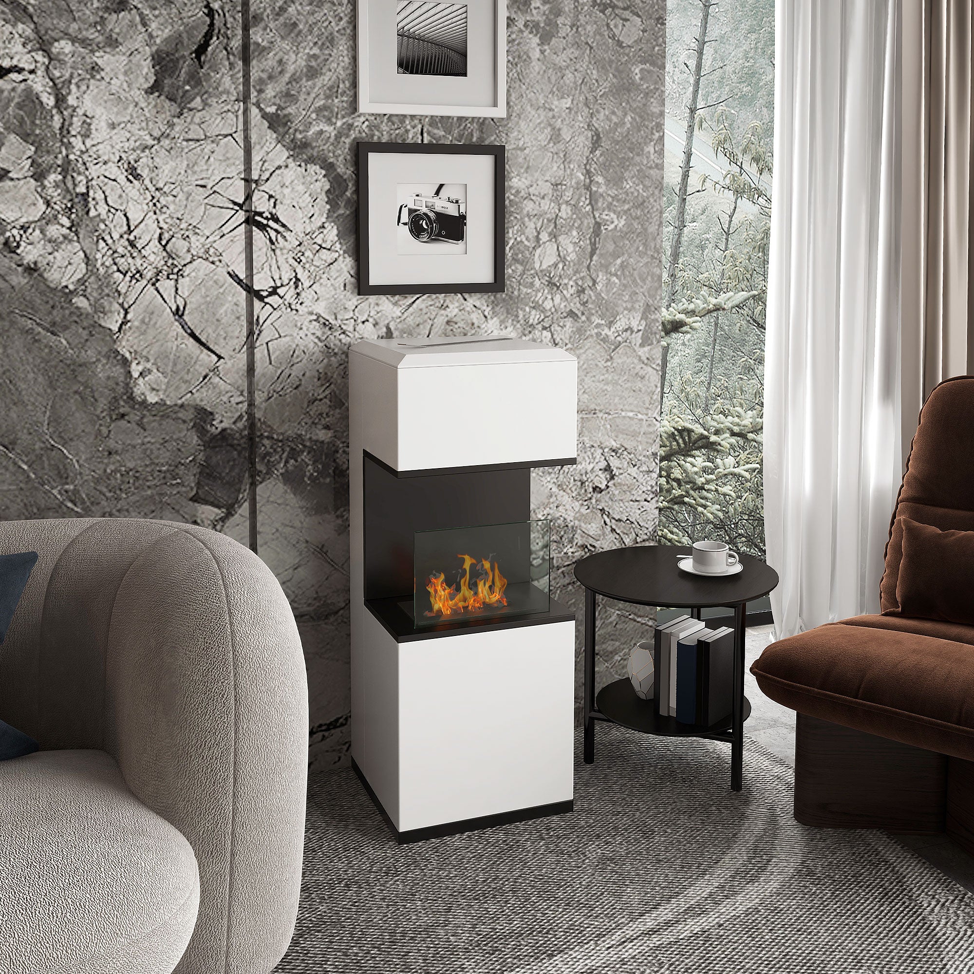 Floor-Standing Bioethanol Fireplace with 1.2L Burner and Glass Panel, 38x38x100cm, White