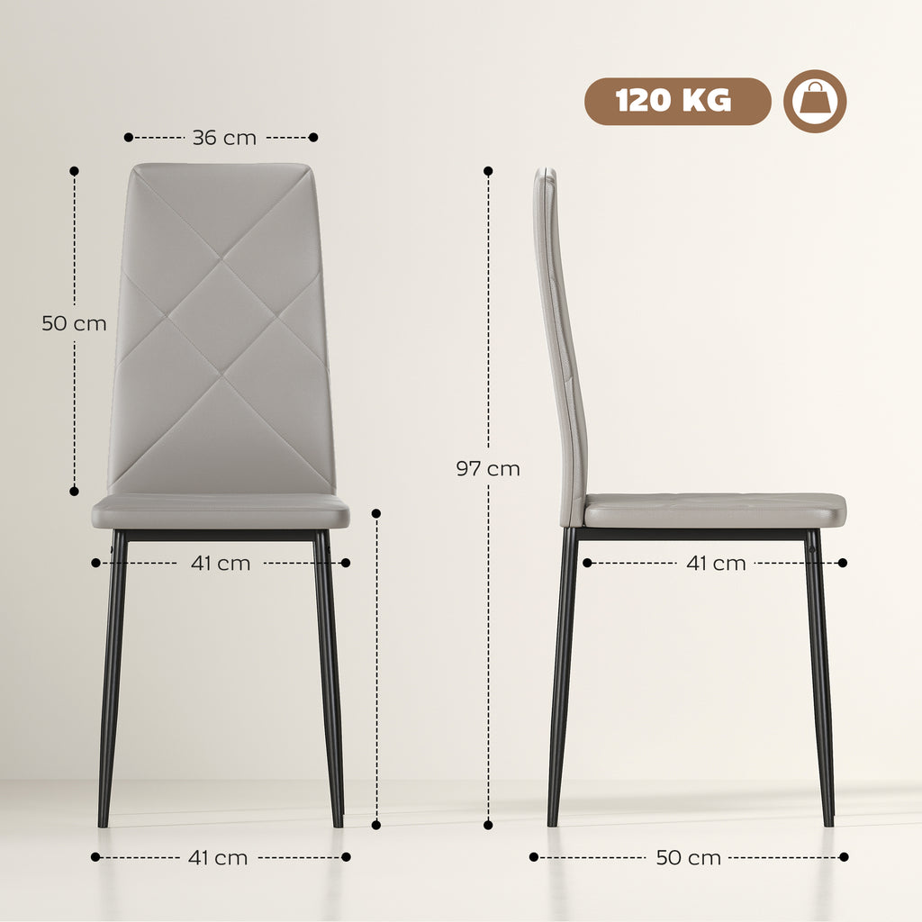 Set of 4 High-Back Dining Chairs in Faux Leather and Steel, 41x50x97cm, Grey