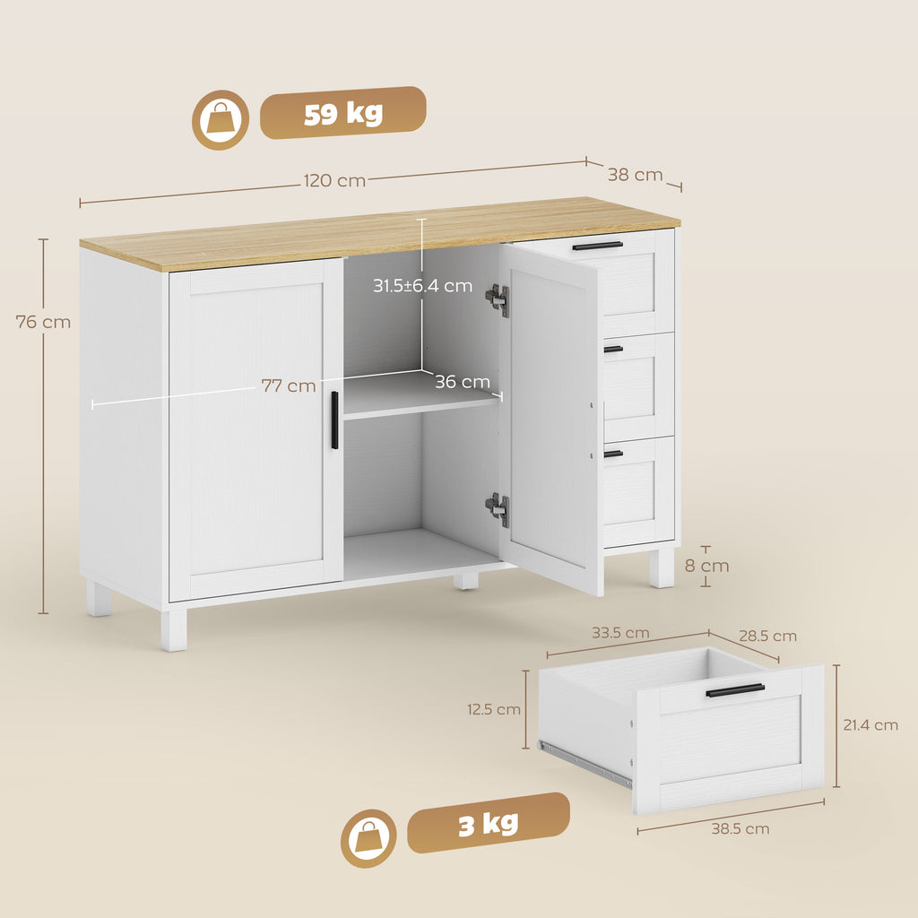 Kitchen Cabinet with 3 Drawers and 2 Soft-Close Doors, Adjustable Shelves, 120x38x76 cm, White