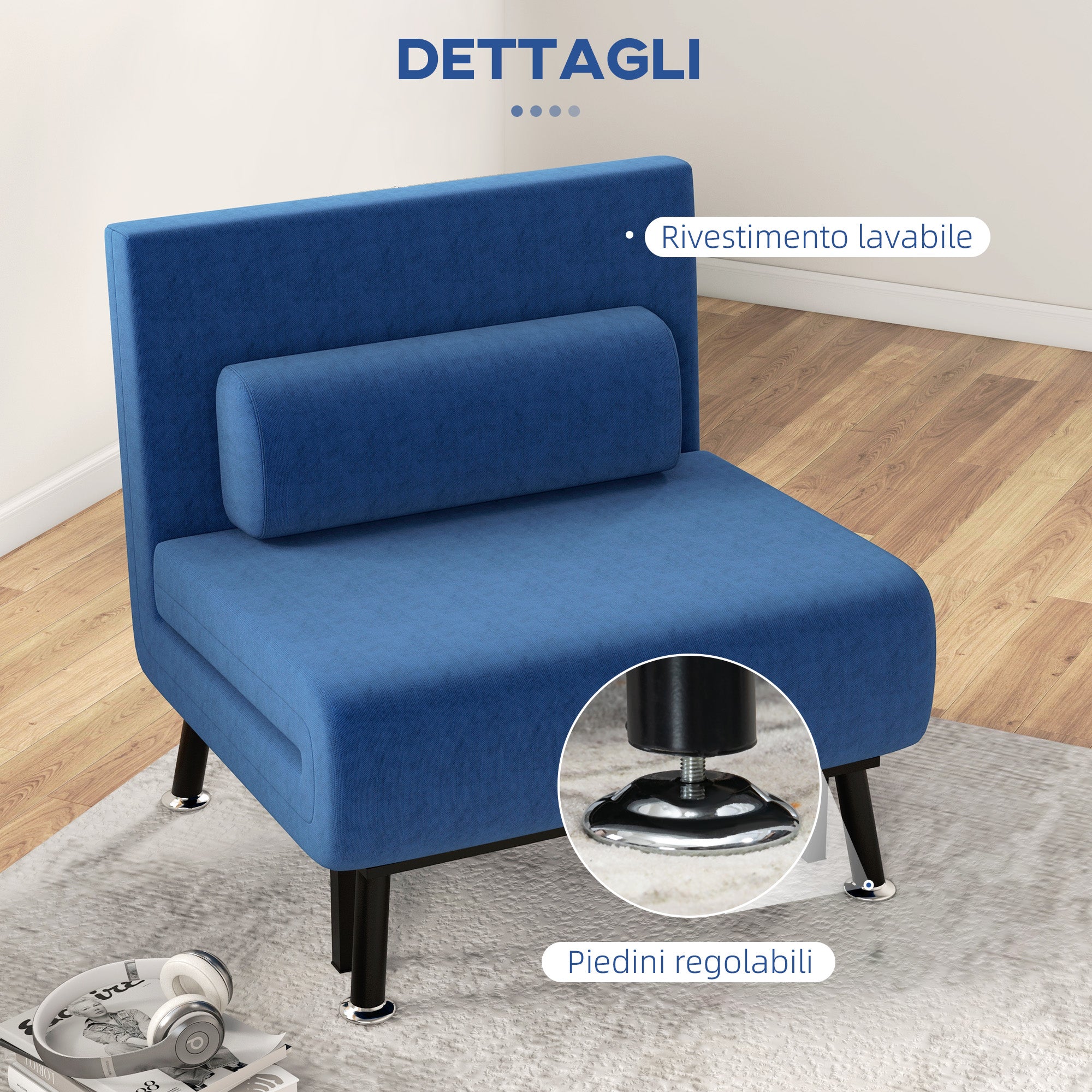 Armchair Bed with Adjustable Backrest in 5 Positions, in Linen Effect Fabric and Steel, 75x70x75 cm, Dark Blue