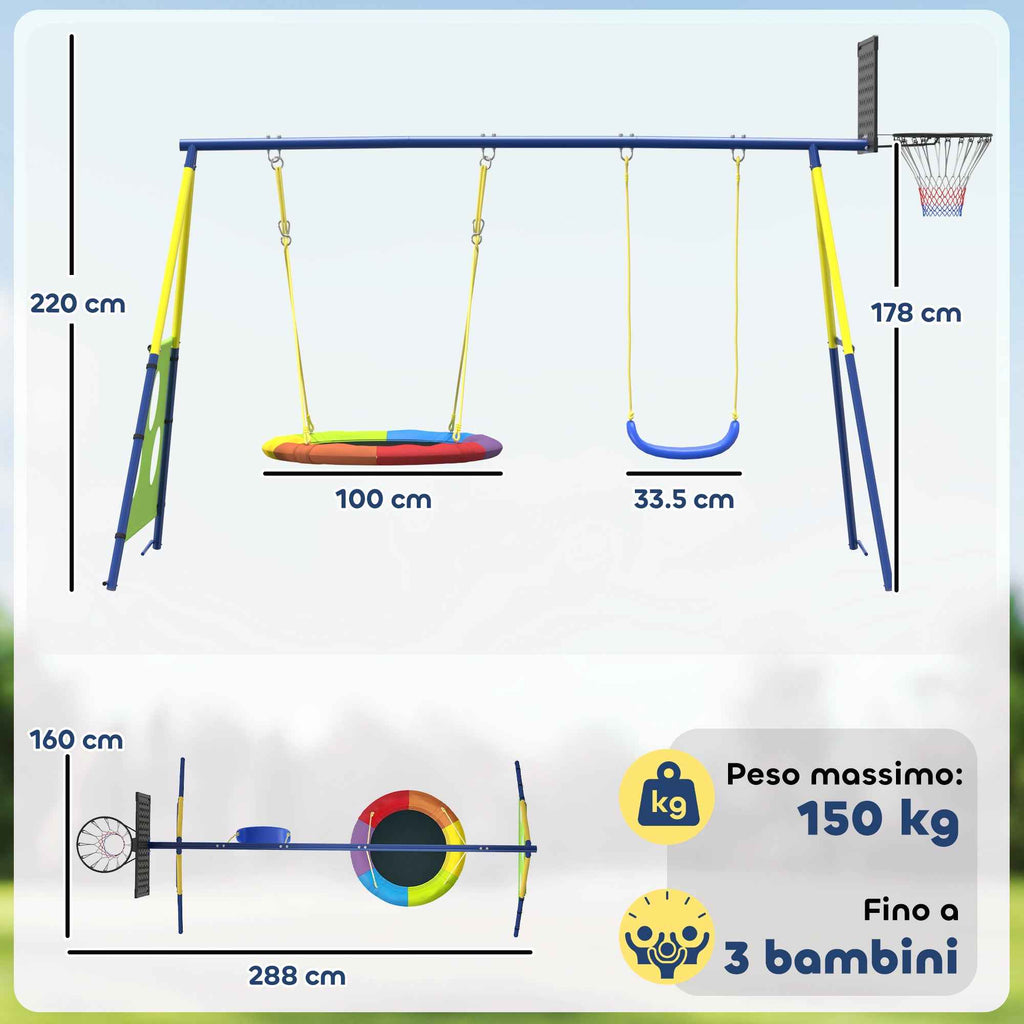 4-in-1 Garden Swing Set for Kids Ages 3-8 with 2 Swings, Basketball Hoop and Soccer Goal