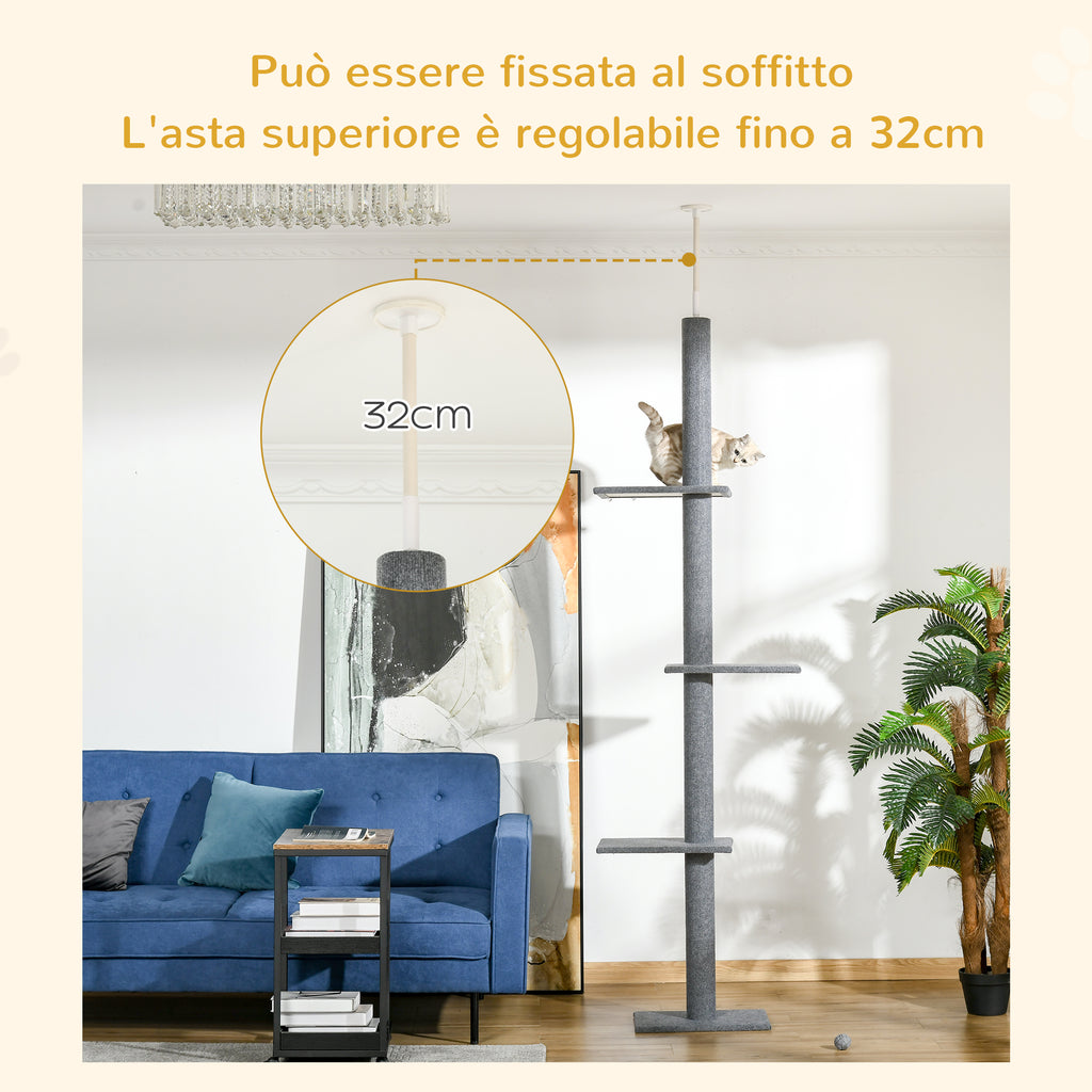 4-Tier Cat Scratching Tree with Adjustable Height, Grey, 43x27x228-260cm