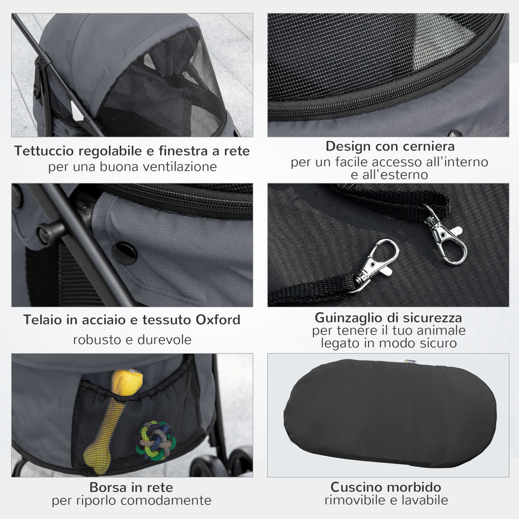 Folding Dog Stroller with Adjustable Canopy, Bag and 2 Leashes, 82x47x97 cm, Gray and Black