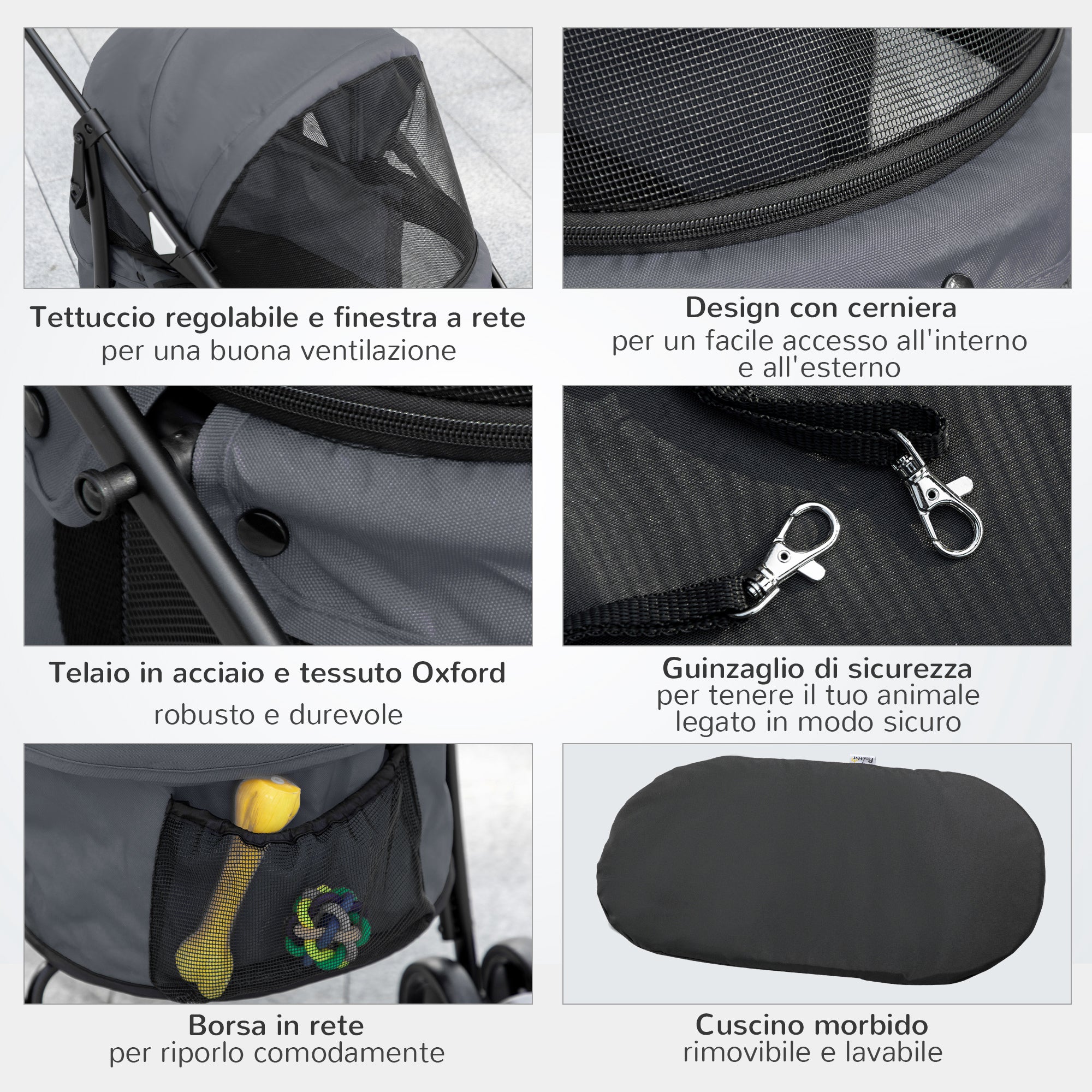 Folding Dog Stroller with Adjustable Canopy, Bag and 2 Leashes, 82x47x97 cm, Gray and Black