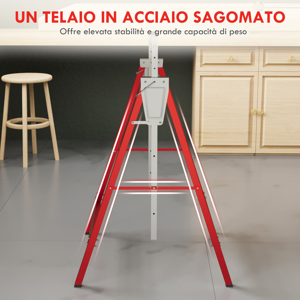 Set of 2 Telescopic Work Stands 80-130 cm Folding, Q195 Steel, 68x58x80 cm, Red and Silver