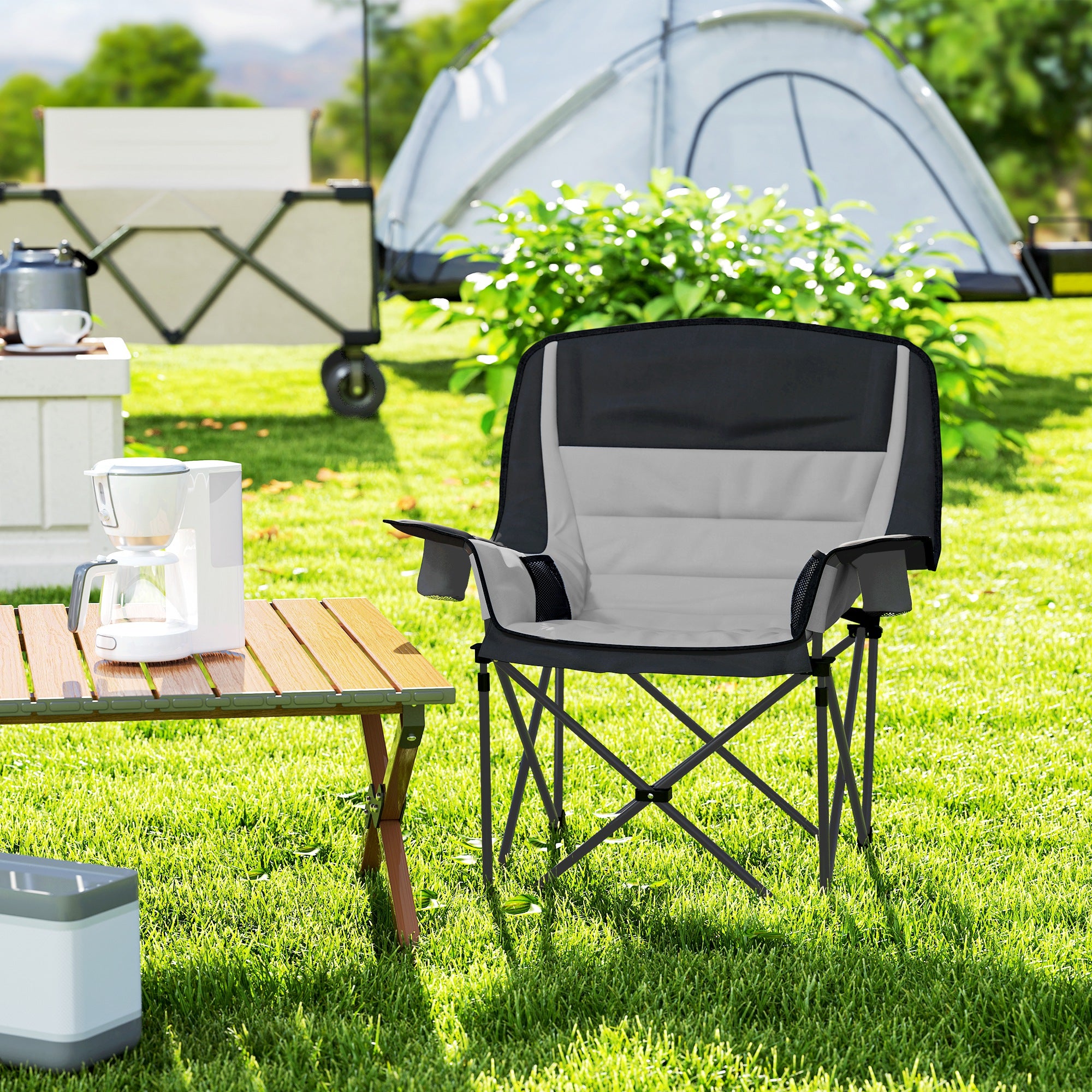Folding Camping Chair with 2 Cup Holders and Side Pockets, 99x71x103 cm, Gray and Black