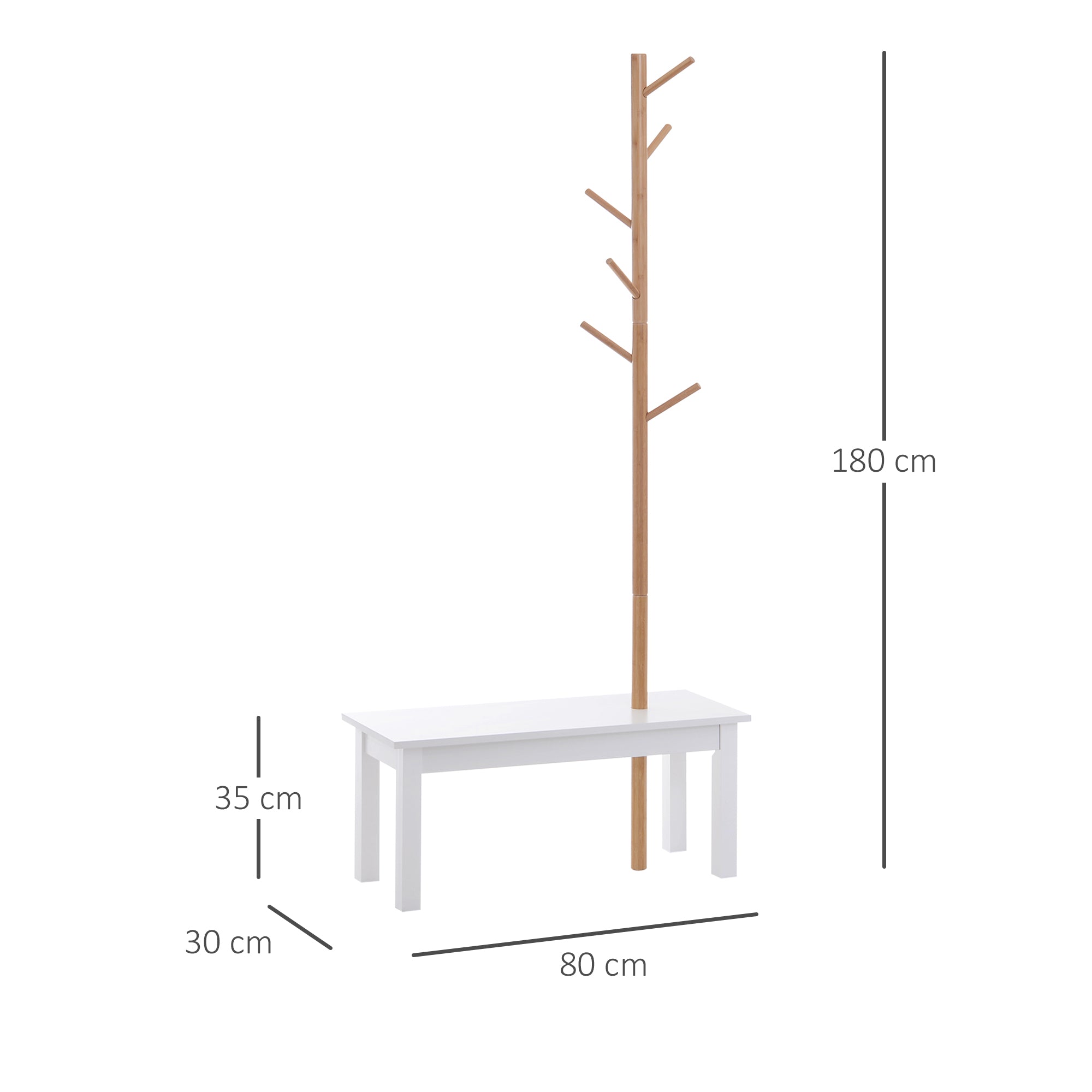 HOMCOM Hallway Bench with Coat Rack, Bamboo Floor-Standing Coat Stand, White Hallway Bench, Design, Also for Bedroom, 80x30x180cm, White Wood