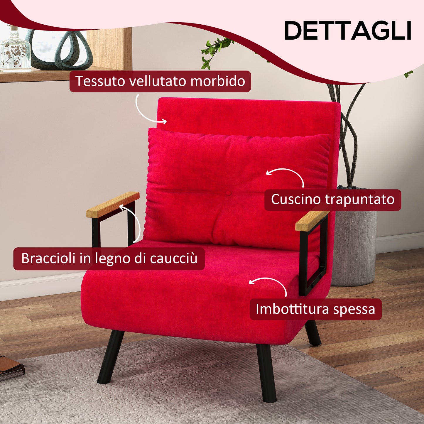 Velvet Red, 3 in 1 Reclining Backrest Sofa Bed with Cushion, Velvet Effect Fabric, 63x73x81 cm, Red