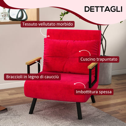 Velvet Red, 3 in 1 Reclining Backrest Sofa Bed with Cushion, Velvet Effect Fabric, 63x73x81 cm, Red