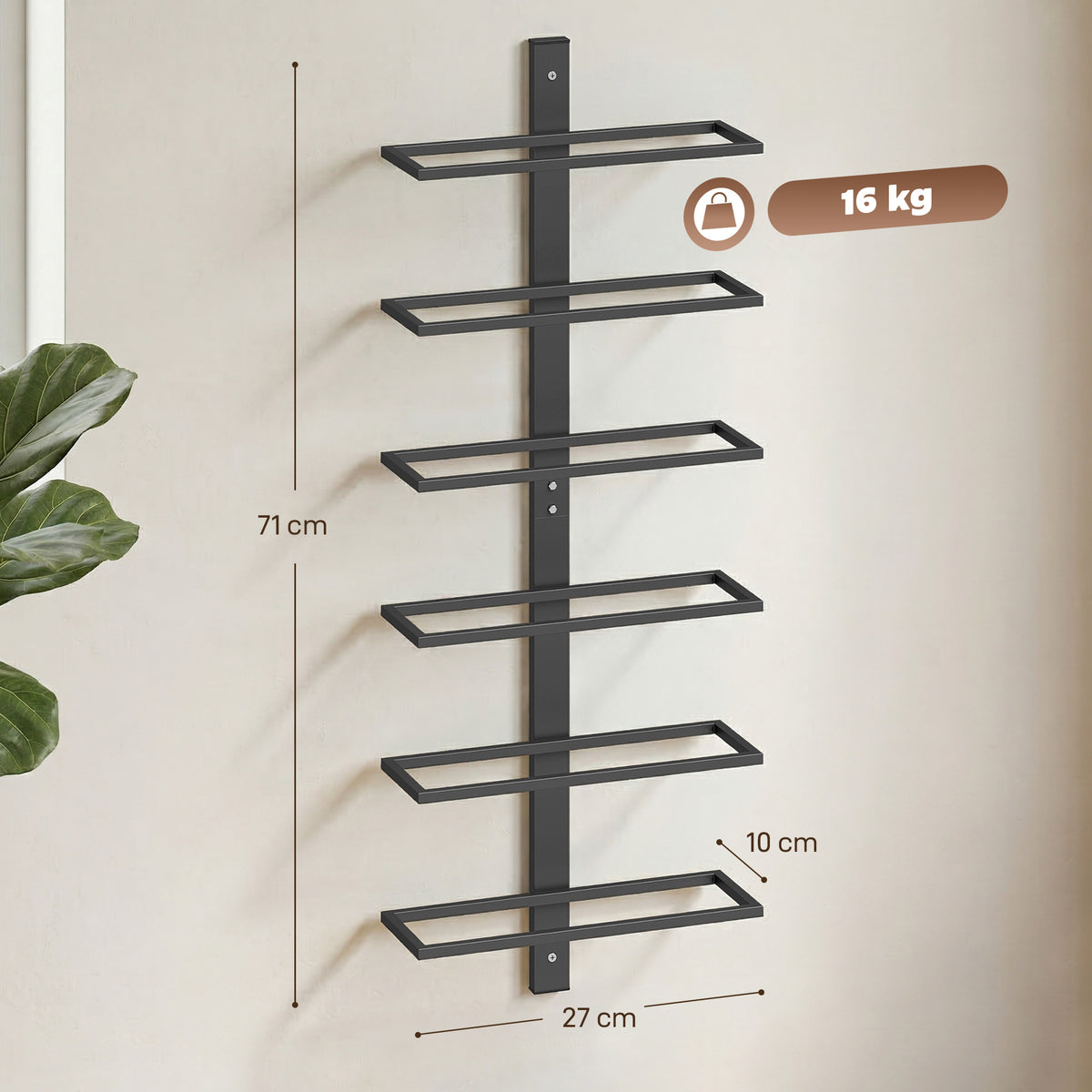 HOMCOM Wall-Mounted Steel Wine Rack for 6 Bottles, Kitchen and Living Room, 27x10x71 cm, Black
