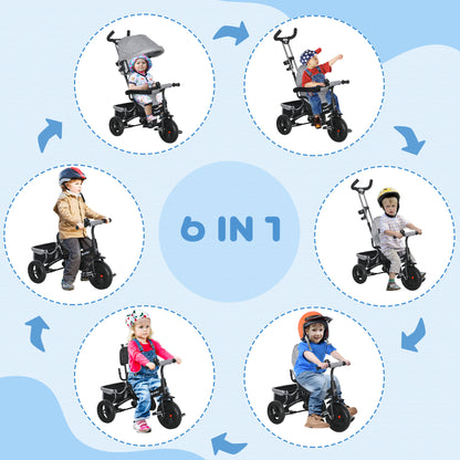 Kids Tricycle with 6 in 1 Handlebar, Adjustable Canopy and Safety Belt, Age 1-5 Years, Grey