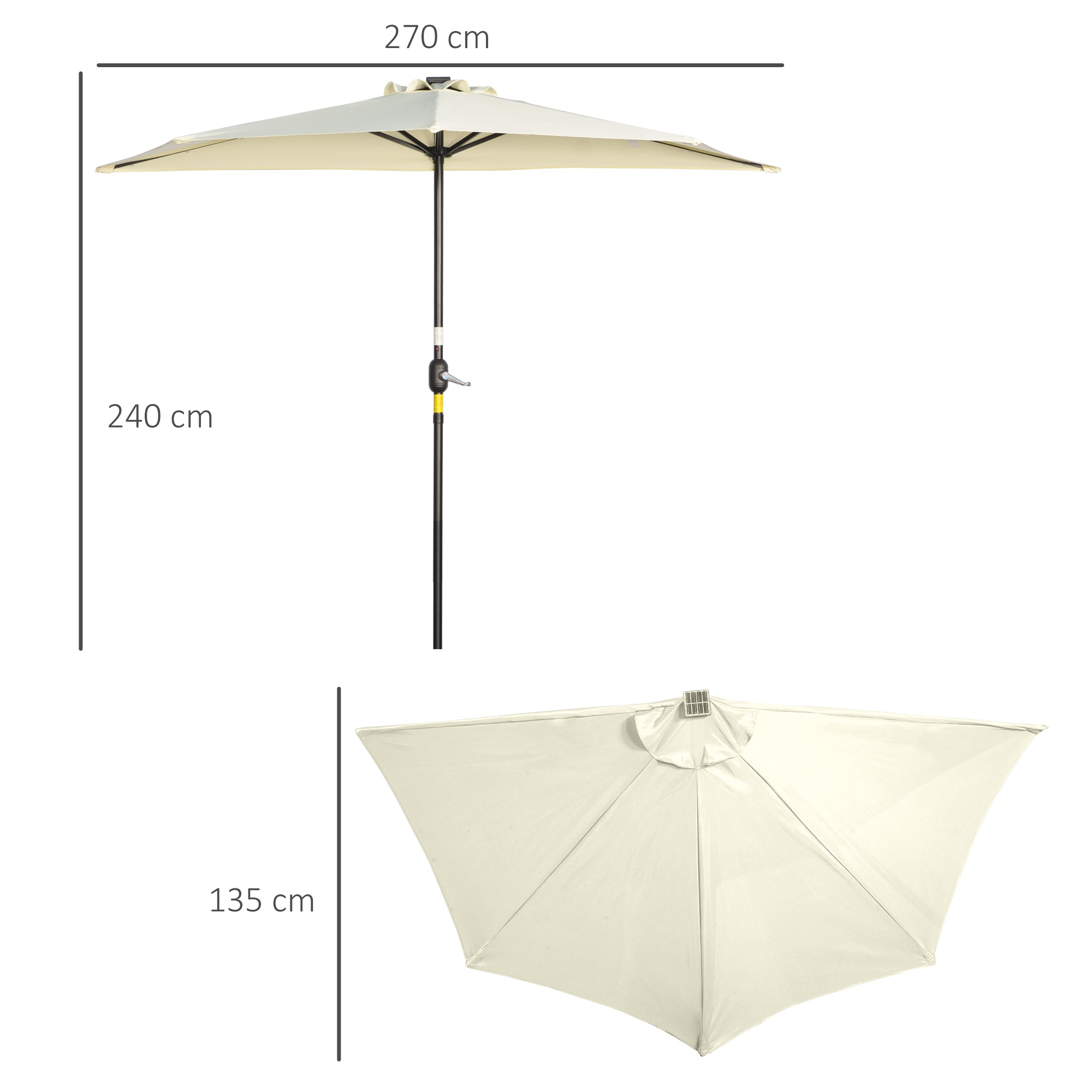 Semicircular Umbrella with Crank, 20 LED Lights and Solar Panel, 265x135x240 cm, Beige