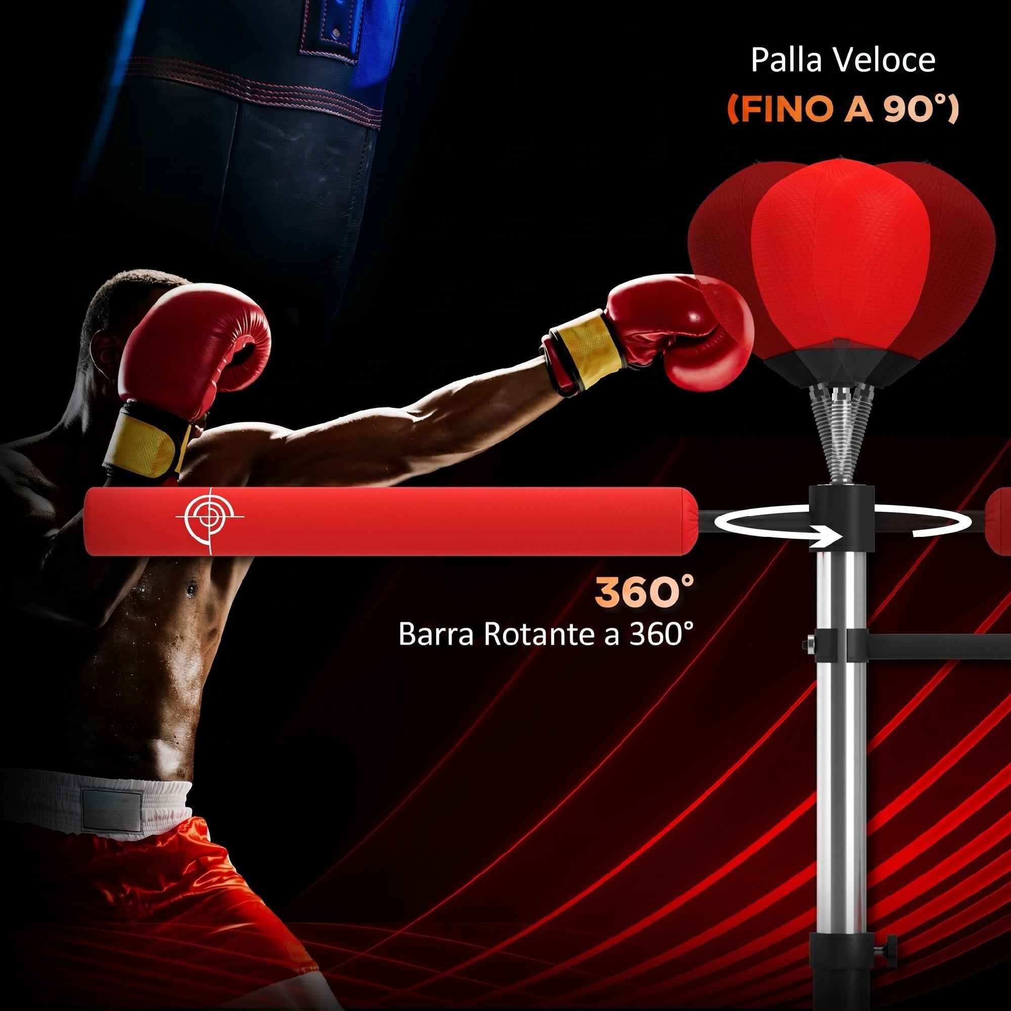 HOMCOM 4-in-1 Freestanding Punching Bag with 2 Speedballs, Rotating Bar and Punching Bag, Adjustable Height from 160-230cm, Red