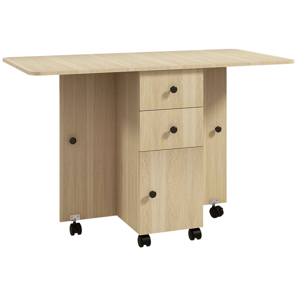HOMCOM Folding Table with 2 Drawers and Cabinet, 6 Wheels and Brakes, 120x60x76.5 cm, Wood Color