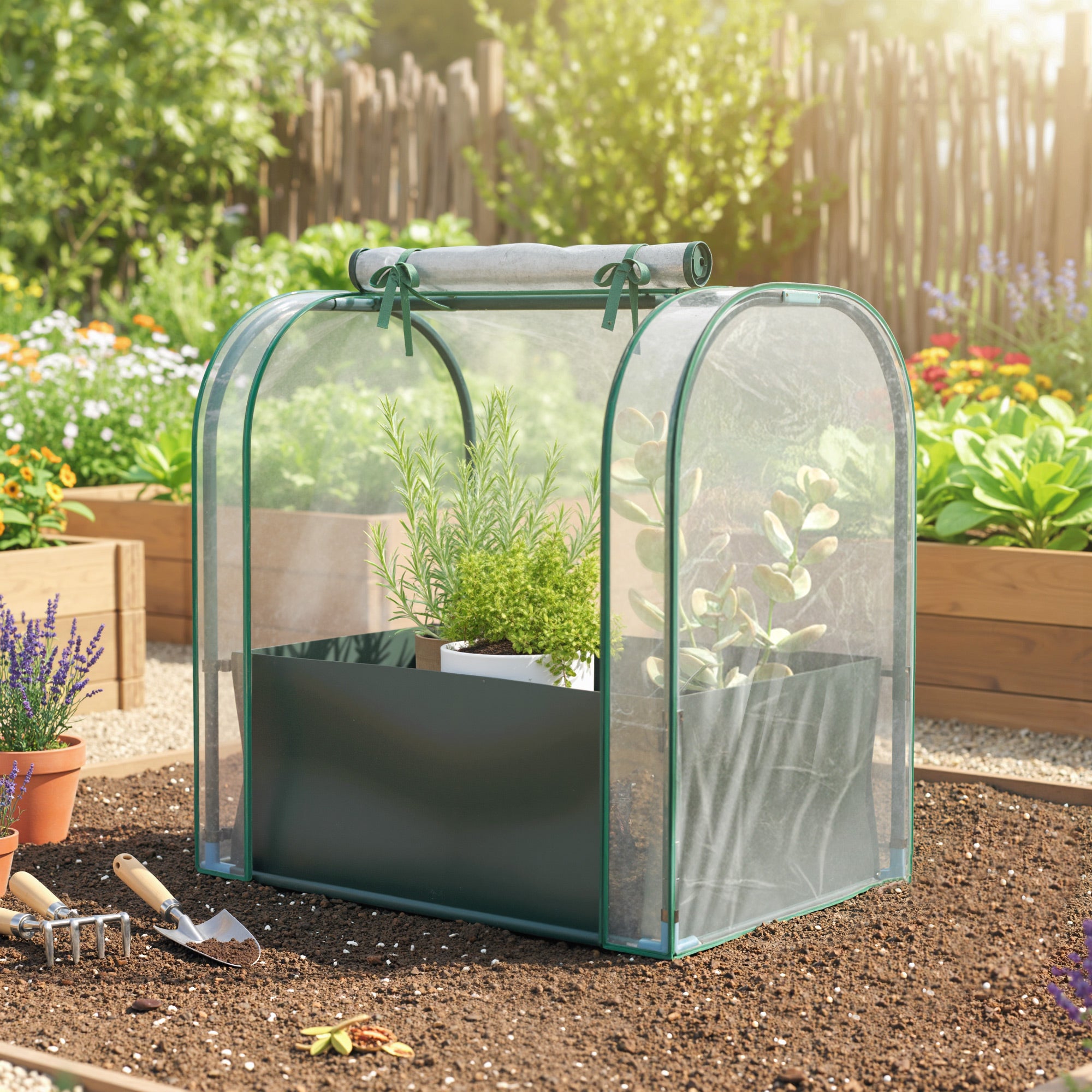 Outsunny Mini Greenhouse with Grow Bag and Roll-Up Door, 68x50x70 cm, Dark Green
