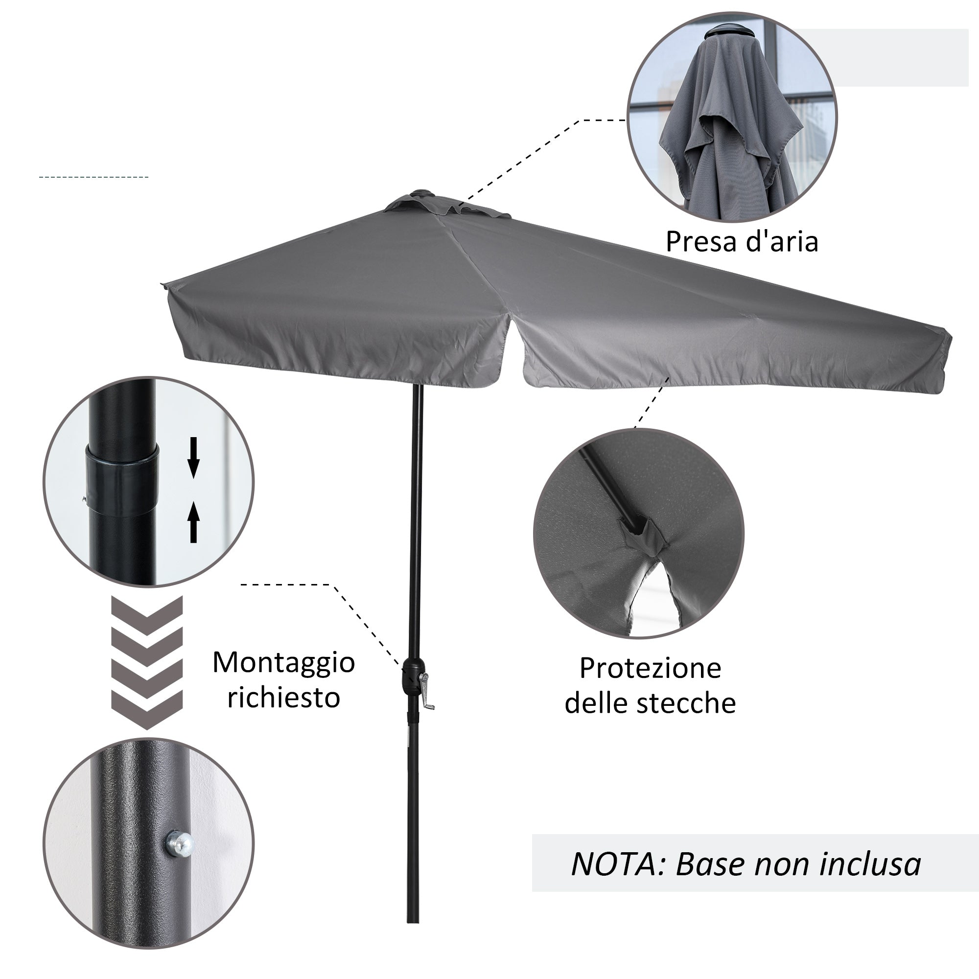Outsunny 2.5x2.3m Semicircular Wall-Mounted Umbrella with Crank Opening, Metal and Polyester, Grey