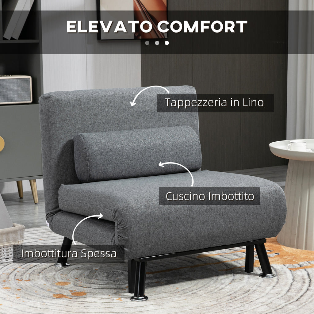 Armchair Bed with 5-Position Adjustable Backrest, Linen-Effect Fabric and Steel, 75x70x75 cm, Grey