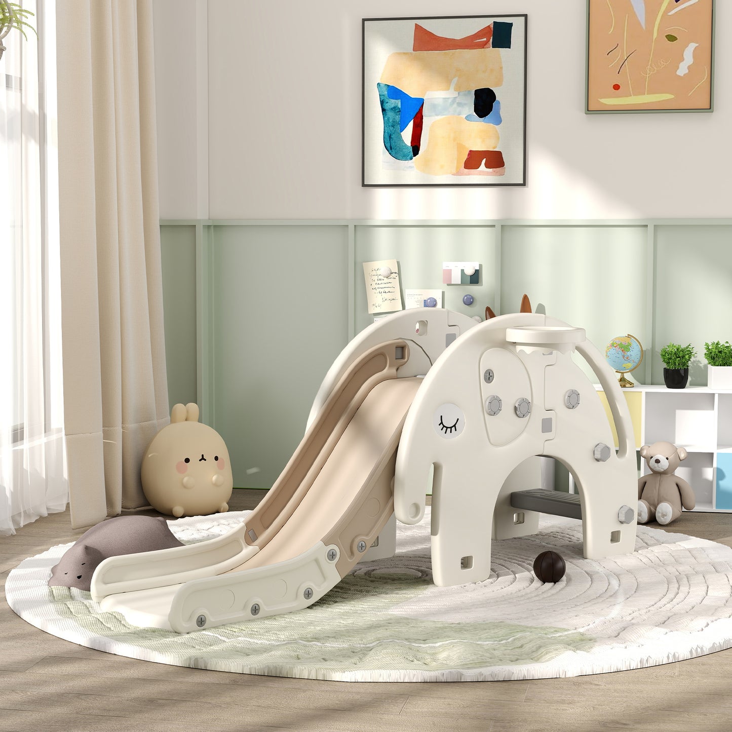 AIYAPLAY 3 in 1 Indoor Children's Slide with Basket and Elephant Design, Ages 1-3 Years, Cream White