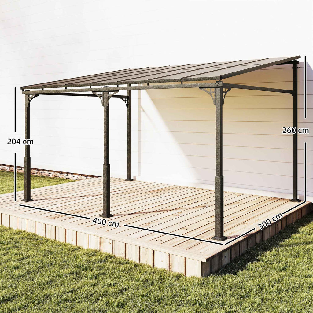 Outsunny 4x3 m Lean-to Pergola with Polycarbonate, Metal, and Aluminum Roof with Screws, Brown