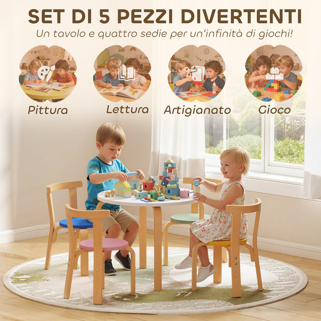 5-Piece Wooden Table and Chair Set for Children Ages 3-8 with Rounded Edges, Multicolored