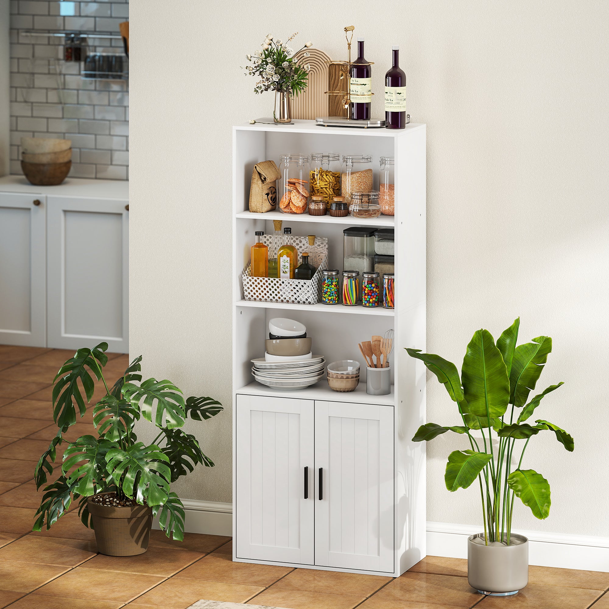 Bookcase with Open Shelves and 2-Door Cabinet with Adjustable Internal Shelf, 60x30x145.5 cm, White