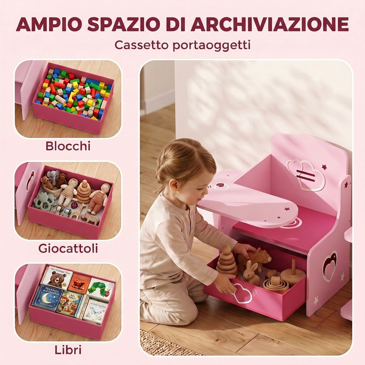 AIYAPLAY Children's Table and Chair Set for 3-5 Years Old in MDF Wood with Heart Patterns, Integrated Storage, Pink