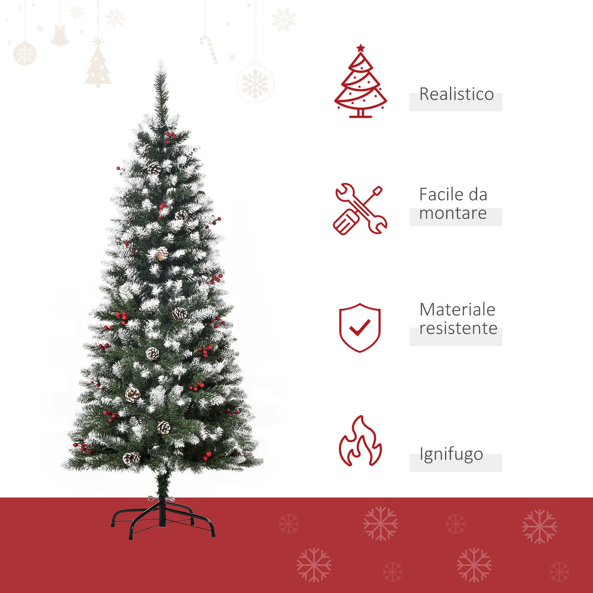 HOMCOM 150cm Artificial Snow-Covered Christmas Tree with Red Berries and White Pine Cones, Removable Folding Base, 408 Branches