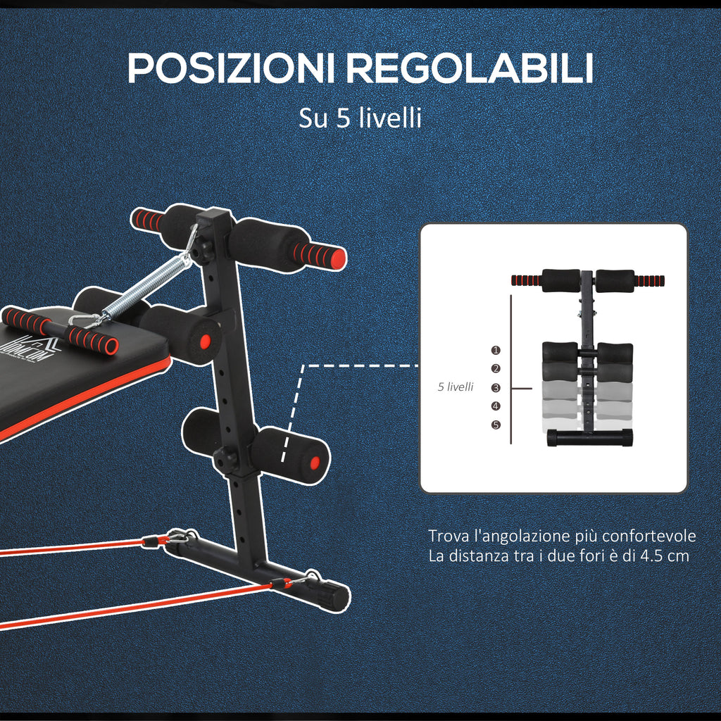 Folding and Adjustable Abdominal Bench with Rowing Machine and 2 Ropes, Steel 51x137x50-66 cm, Black and Red