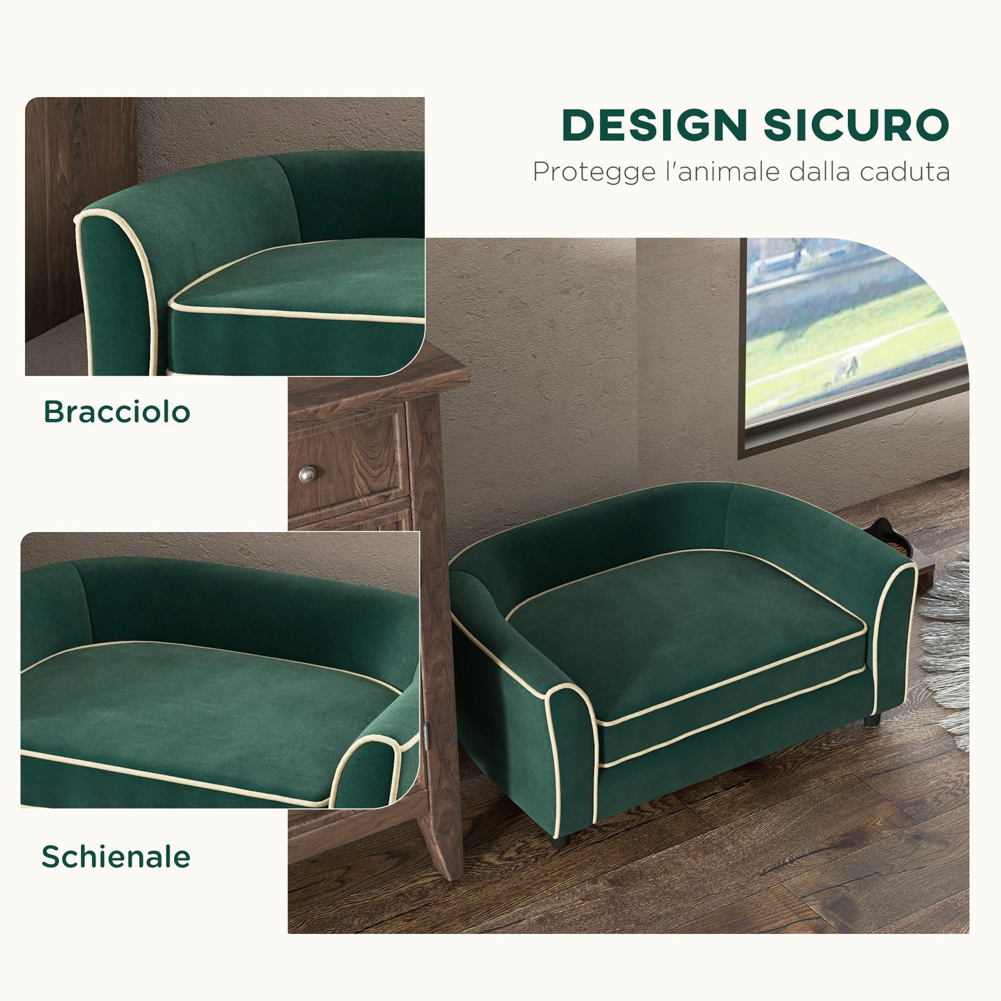 Sofa for Small and Medium Size Dogs with Cushion, in Velvet and Wood Effect Fabric, 79x56x35 cm, Dark Green