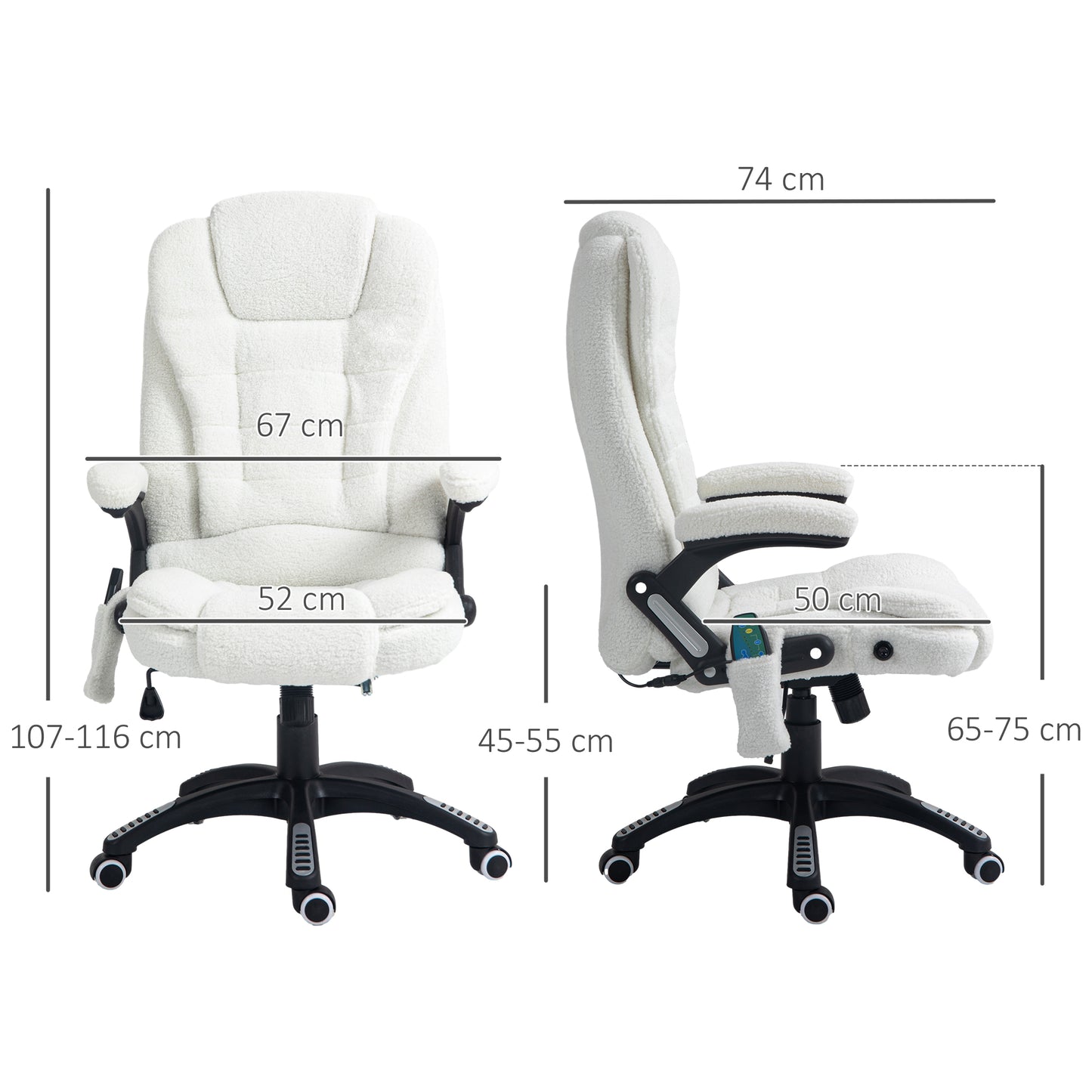 Adjustable Massage Office Chair with Remote Control, in Teddy Fabric, 67x74x107-116 cm, White