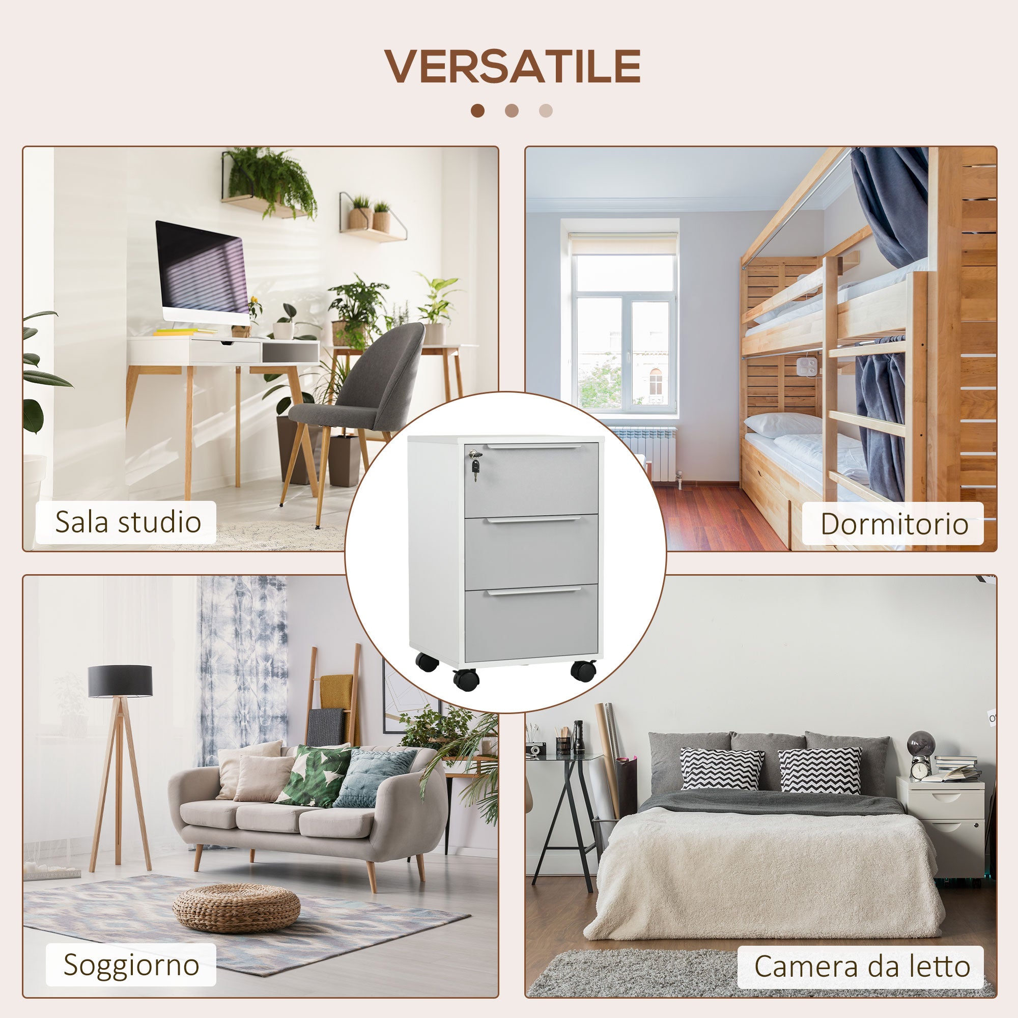3-Drawer Office Filing Cabinet with Security Keys and 4 Wheels, Wooden, 40x40x63.5 cm, White and Grey