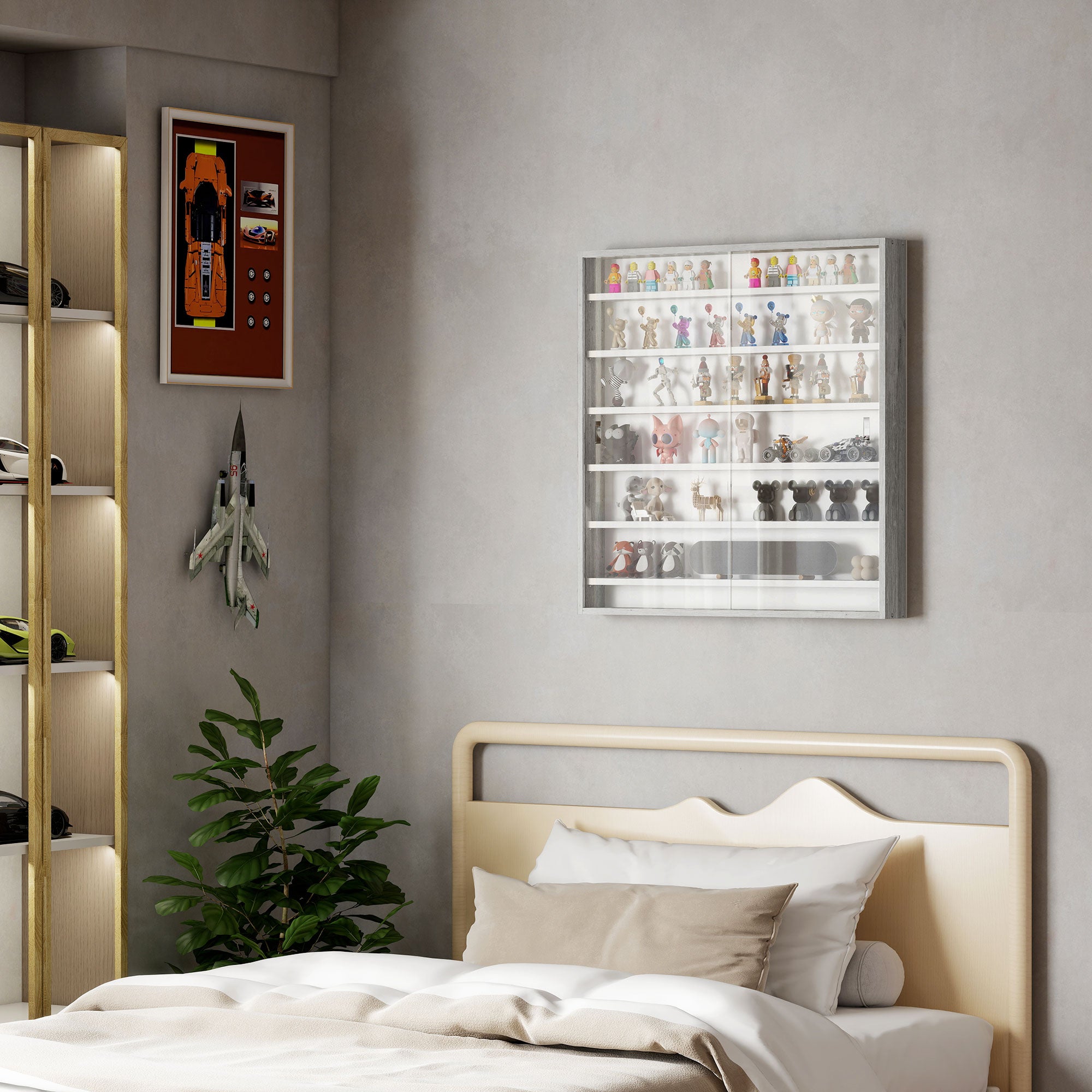 HOMCOM 5-Tier Adjustable Wooden Notice Board with Glass Doors, 80 x 9.5 x 83 cm, White and Grey