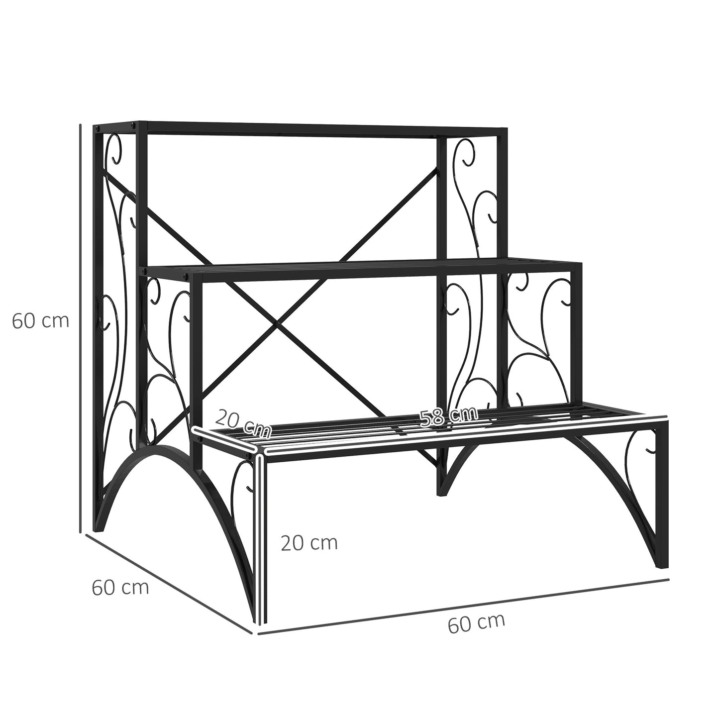 3-Tier Ladder Shelf for Indoor and Outdoor Metal, 60x60x60 cm, Black