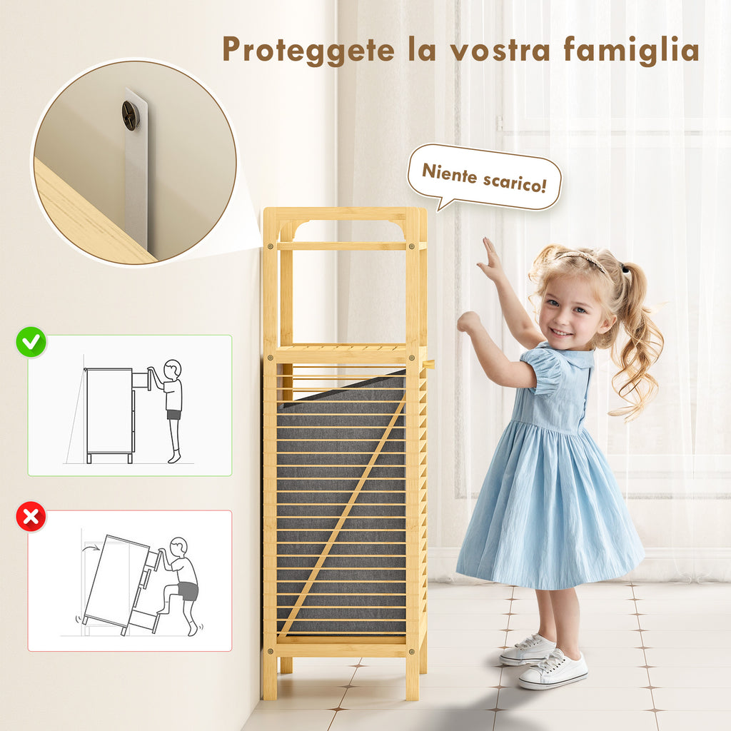 Bamboo and Polyester Bathroom Cabinet with Slatted Base, Laundry Basket and Cabinet, 40x30x95 cm, Grey and Wood