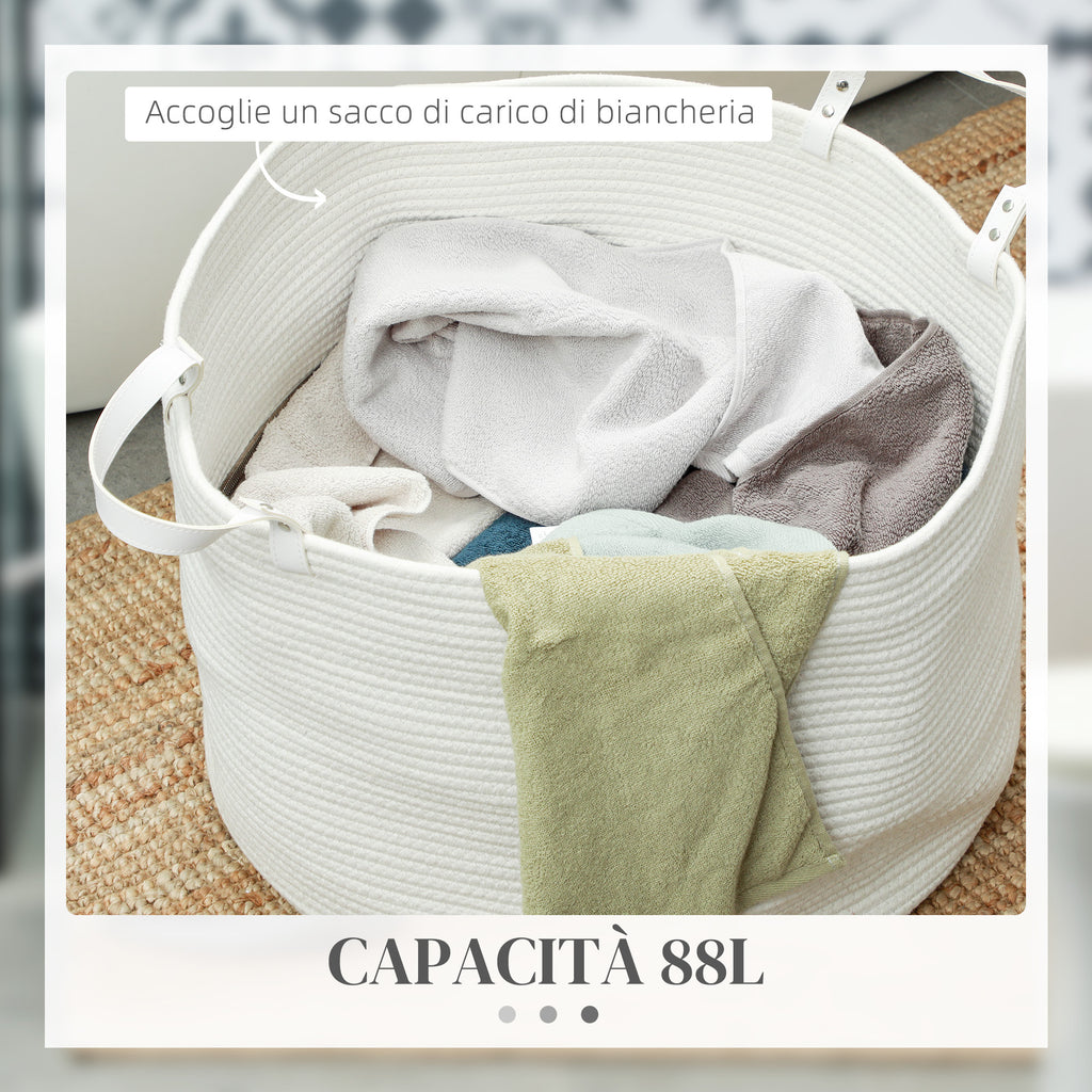 88L Portable Foldable Laundry Hamper with Natural Cotton Handles, Ø56x35.5 cm, Cream