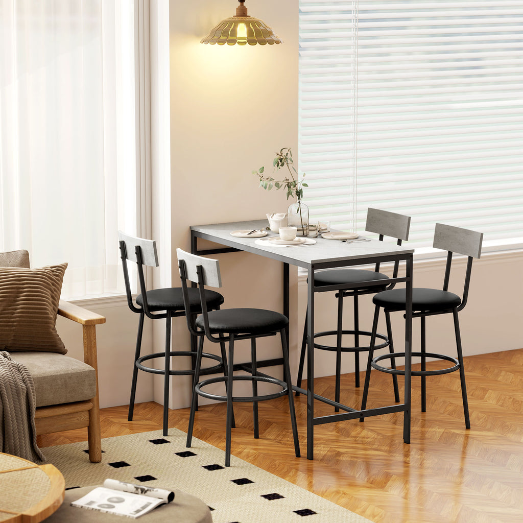 Industrial Style High Table and 4 Bar Stools Set with Backrest and Footrest, Cement Grey