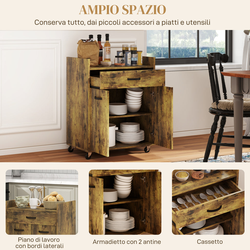Kitchen Trolley with Drawer, Cabinet and 4 Wooden Wheels, 60x40x77cm, Rustic Brown