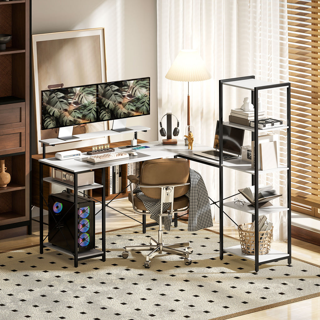 Corner Desk with Electrical & USB Outlet, Shelf & Monitor Stand, Black & White