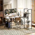 Corner Desk with Electrical & USB Outlet, Shelf & Monitor Stand, Black & White